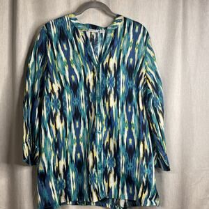 Kim Roger Top - XL - 100% Linen - V-neck - 3/4 Sleeve - Teal/Blue/Yellow/B&W